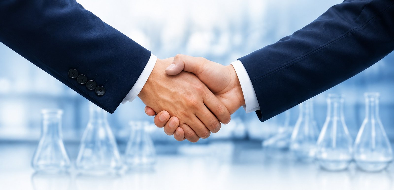 Two business partners shaking hands in a laboratory