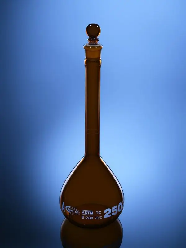 Amber Volumetric Flask Qr Coded With Penny Head Stopper